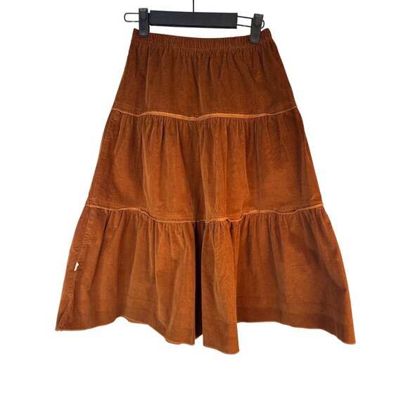 2/$30 Pastel Tiered M Rust Carmel Brown Thin Corduroy Midi Skirt Elastic Waist - Picture 1 of 10